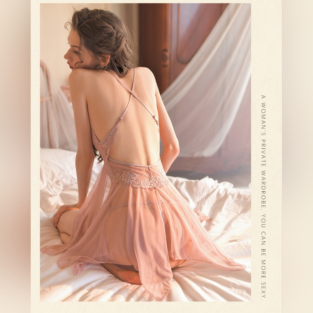 French Sexy Lace Gauzy Slip + G-string - Picture 2 of 6